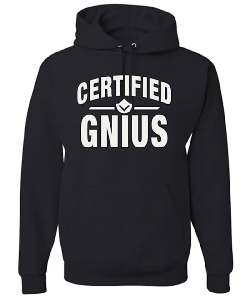 Black Fortitude Hoodie by shopgnius, featuring a comfortable fit with a front pocket and hood, laid flat on a white background.