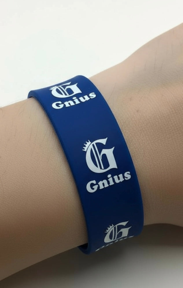 Gnius wristbands by Gnius Myndz Clothing, black fabric wristbands with logo, worn on wrists as fashion accessories.